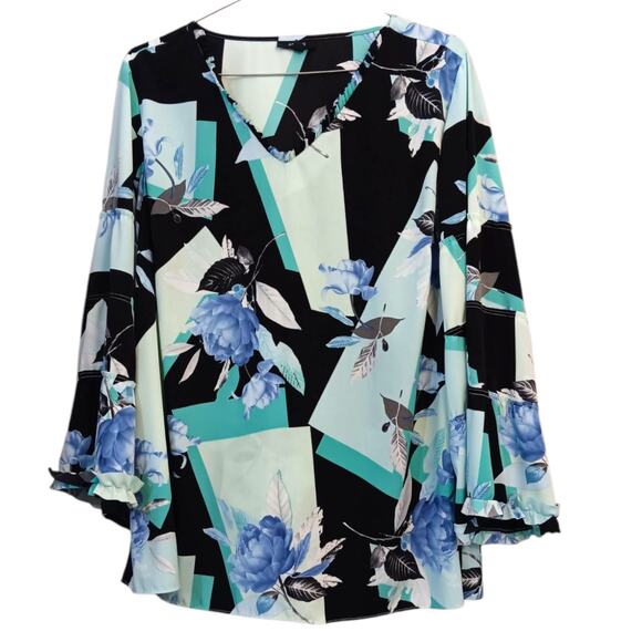 ALFANI‎ Blouse Top 3X V-Neck Ruffle Sleeves Bright Floral Black Green Blue Roses - Picture 1 of 8